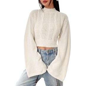 Verdusa Women's Mock Neck Bell Sleeve Crop Sweater Knit Pullover Tops