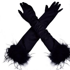 Long Satin Opera Gloves - Pageant Feather Gloves 1920s Stretchy Elbow Gloves for Halloween Costume Evening Party