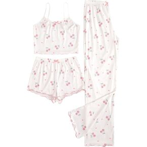 WDIRARA Women's 3 Piece Pajama Set Cherry Print Lettuce Trim Cami Top with Shorts and Pants Set Sleepwear