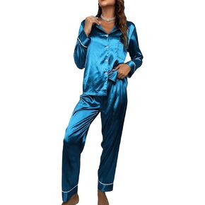 COZYEASE Women's Satin Contrast Binding Button Down Pajama Set Lapel Collar Long Sleepwear Set