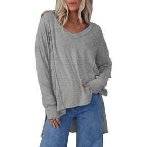 Women's Casual V Neck Tunic Tops High Low Side Slit Loose Long Sleeve Solid Color Pullover Blouses Top
