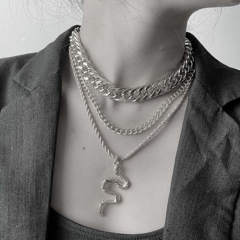Fuqimanman2020 Layered Snake Necklace Gold Silver Chunky Snake Pendant Necklace Punk Vintage Snake Choker Jewelry Gift for Women in Saudi Arabia