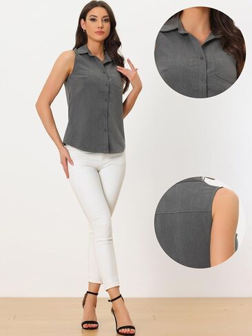 Allegra K Denim Button Down Shirt for Women's Sleeveless Lapel V Neck Chambray Tunic Top in Saudi Arabia