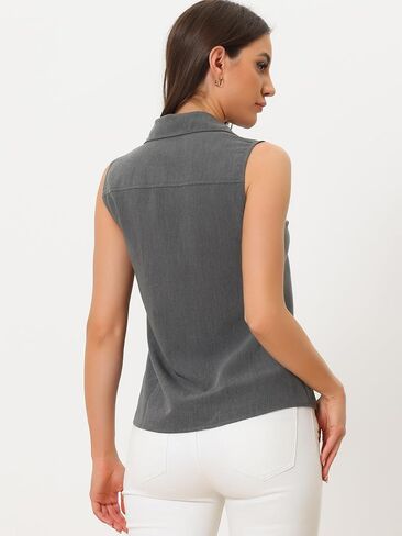 Allegra K Denim Button Down Shirt for Women's Sleeveless Lapel V Neck Chambray Tunic Top in Saudi Arabia