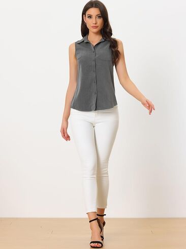 Allegra K Denim Button Down Shirt for Women's Sleeveless Lapel V Neck Chambray Tunic Top in Saudi Arabia