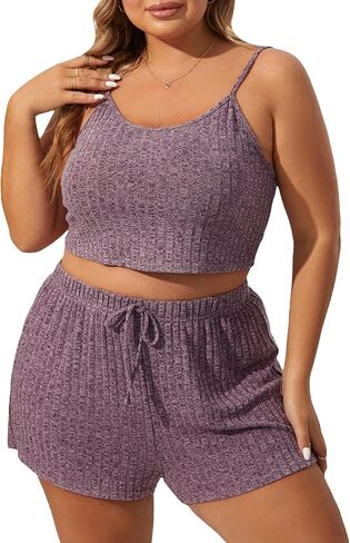 GORGLITTER Women's Plus 2 Piece Cami Lounge Outfit Set Ribbed Knit Top and Shorts Pajama Set Sleepwear Loungewear in Saudi Arabia