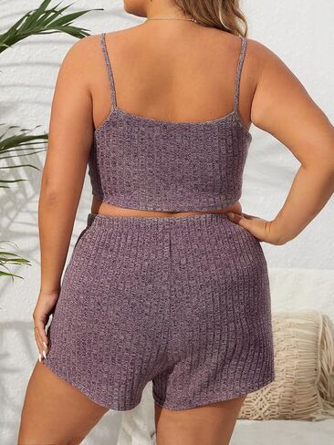 GORGLITTER Women's Plus 2 Piece Cami Lounge Outfit Set Ribbed Knit Top and Shorts Pajama Set Sleepwear Loungewear in Saudi Arabia