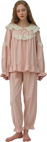 بيجامات للنساء من اولالا باكمام طويلة من القطن بتصميم كلاسيكي من 30 قطعة بلون خوخي ناعم من قطعتين مقاس واحد، لون خوخي، مقاس واحد in Kuwait