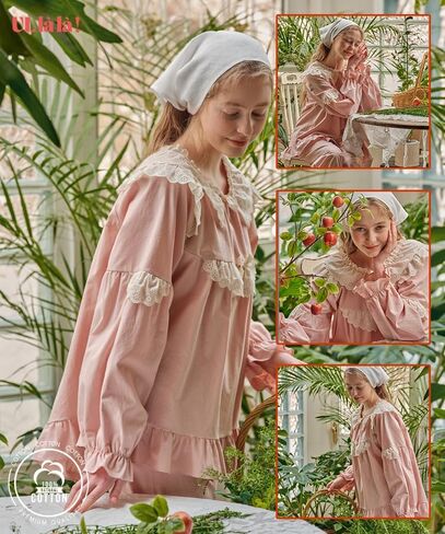 بيجامات للنساء من اولالا باكمام طويلة من القطن بتصميم كلاسيكي من 30 قطعة بلون خوخي ناعم من قطعتين مقاس واحد، لون خوخي، مقاس واحد in Kuwait