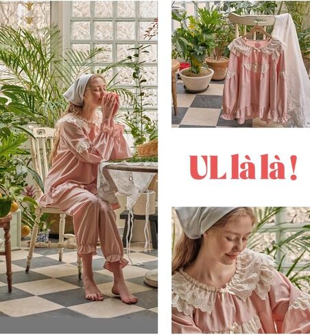 بيجامات للنساء من اولالا باكمام طويلة من القطن بتصميم كلاسيكي من 30 قطعة بلون خوخي ناعم من قطعتين مقاس واحد، لون خوخي، مقاس واحد in Kuwait