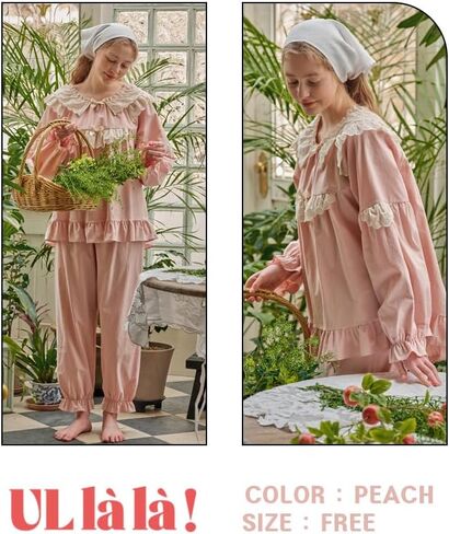 بيجامات للنساء من اولالا باكمام طويلة من القطن بتصميم كلاسيكي من 30 قطعة بلون خوخي ناعم من قطعتين مقاس واحد، لون خوخي، مقاس واحد in Kuwait