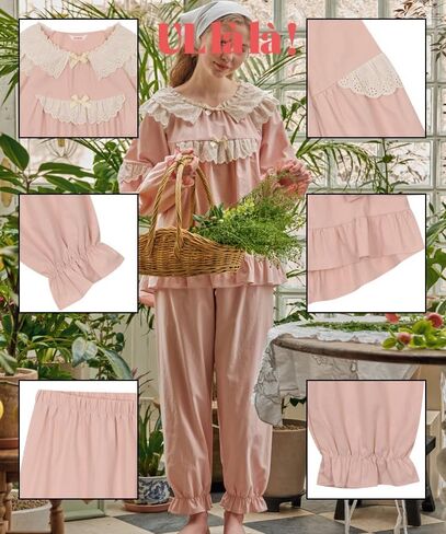 بيجامات للنساء من اولالا باكمام طويلة من القطن بتصميم كلاسيكي من 30 قطعة بلون خوخي ناعم من قطعتين مقاس واحد، لون خوخي، مقاس واحد in Kuwait