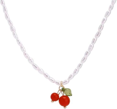 W WEILIRIAN Boho Cherry Pendant Necklace Vintage Pearl Necklace Choker Pearl Beaded Necklace Charm Fruit Necklace Jewelry for Women and Girls Gifts in Saudi Arabia