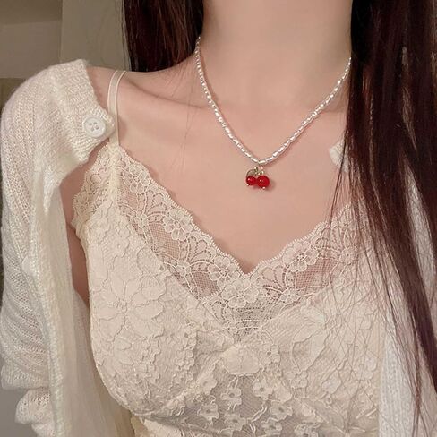 W WEILIRIAN Boho Cherry Pendant Necklace Vintage Pearl Necklace Choker Pearl Beaded Necklace Charm Fruit Necklace Jewelry for Women and Girls Gifts in Saudi Arabia