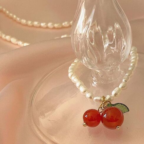 W WEILIRIAN Boho Cherry Pendant Necklace Vintage Pearl Necklace Choker Pearl Beaded Necklace Charm Fruit Necklace Jewelry for Women and Girls Gifts in Saudi Arabia