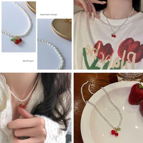 W WEILIRIAN Boho Cherry Pendant Necklace Vintage Pearl Necklace Choker Pearl Beaded Necklace Charm Fruit Necklace Jewelry for Women and Girls Gifts in Saudi Arabia
