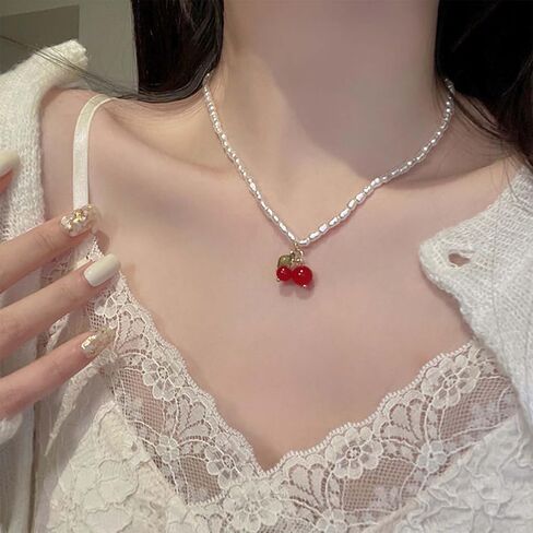 W WEILIRIAN Boho Cherry Pendant Necklace Vintage Pearl Necklace Choker Pearl Beaded Necklace Charm Fruit Necklace Jewelry for Women and Girls Gifts in Saudi Arabia