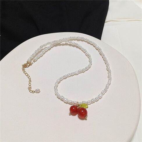 W WEILIRIAN Boho Cherry Pendant Necklace Vintage Pearl Necklace Choker Pearl Beaded Necklace Charm Fruit Necklace Jewelry for Women and Girls Gifts in Saudi Arabia
