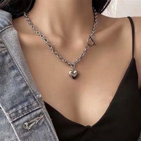 WZNBBOY Dainty Heart Pendant Choker Necklace Silver OT Clasp Chain Necklace Polished Heart Stainless Steel Pendant Choker Vintage Adjustable Y2K Charm Necklace Jewelry for Women Girls in Kuwait