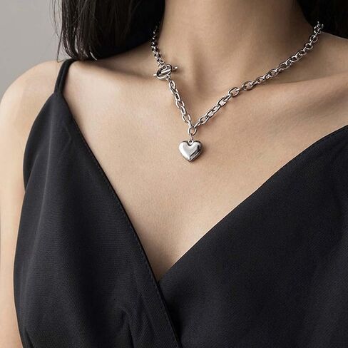 WZNBBOY Dainty Heart Pendant Choker Necklace Silver OT Clasp Chain Necklace Polished Heart Stainless Steel Pendant Choker Vintage Adjustable Y2K Charm Necklace Jewelry for Women Girls in Kuwait