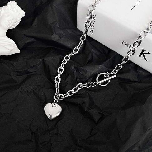 WZNBBOY Dainty Heart Pendant Choker Necklace Silver OT Clasp Chain Necklace Polished Heart Stainless Steel Pendant Choker Vintage Adjustable Y2K Charm Necklace Jewelry for Women Girls in Kuwait