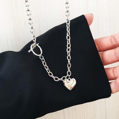WZNBBOY Dainty Heart Pendant Choker Necklace Silver OT Clasp Chain Necklace Polished Heart Stainless Steel Pendant Choker Vintage Adjustable Y2K Charm Necklace Jewelry for Women Girls in Kuwait