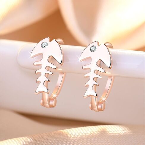Fishbone Hoop Earrings for Women Girls Gold Silver Plated Fish Skeleton Chic Cubic Zirconia Small Huggie Hoop Earrings for Ocean Sea Nautical Vacation Jewelry Accessories in Saudi Arabia