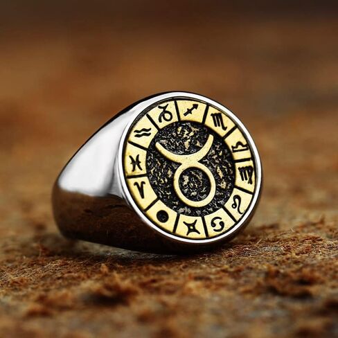 Unisex Stainless Steel Simple 12 Constellation Zodiac Signet Ring Horoscope Astrology in Kuwait