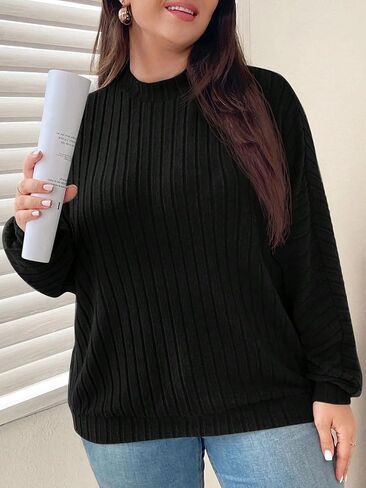 سويت شيرت SweatyRocks نسائي بمقاس كبير ورقبة وهمية وأكمام طويلة وكتف منسدل ومضلع ومتماسك in Kuwait