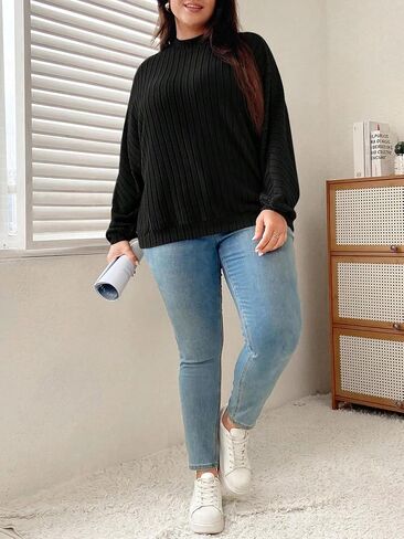سويت شيرت SweatyRocks نسائي بمقاس كبير ورقبة وهمية وأكمام طويلة وكتف منسدل ومضلع ومتماسك in Kuwait