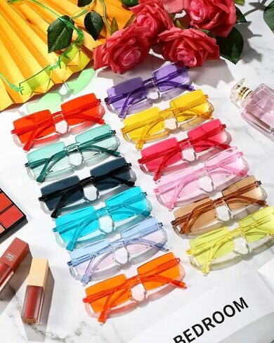 LEIFIDE 16 Pairs Rimless Rectangle Sunglasses Vintage Frameless Sunglasses Transparent Candy Color Glasses Tinted Retro Square Eyewear for Women Men, 16 Colors, Various Colors, one size/ about 2.24 in Saudi Arabia