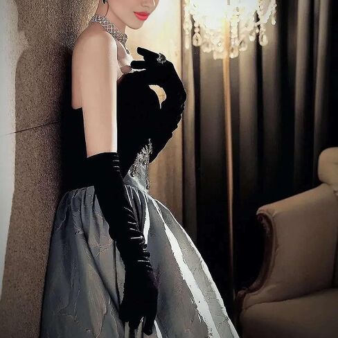 JJMOLLE Long Black Gloves Women Formal Satin Opera Gloves, 21 Inch Stretchy Elbow Length Gloves, 1920s Accessories for Women Bridal Evening Dress Gloves in Kuwait