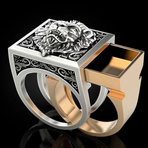 Men's Lion Ring Punk Domineering Lion Animal Ring Gothic Roaring Lion Head Ring with Mini Hidden Storage Box Jewelry Gift for Men Boys in Saudi Arabia