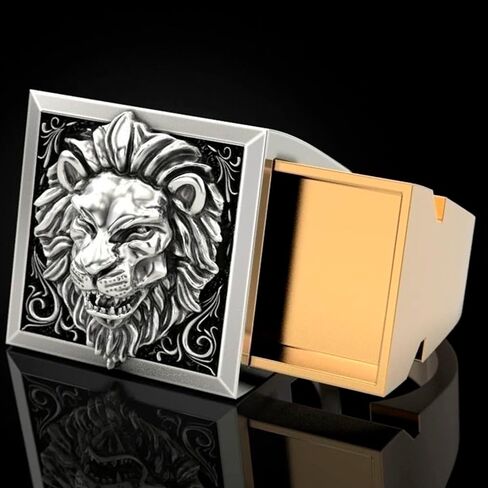 Men's Lion Ring Punk Domineering Lion Animal Ring Gothic Roaring Lion Head Ring with Mini Hidden Storage Box Jewelry Gift for Men Boys in Saudi Arabia