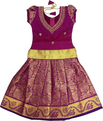 Ashwini Girl's Purple Color Pattu Pavadai | Indian Kid's Ethnic Wear in Kuwait