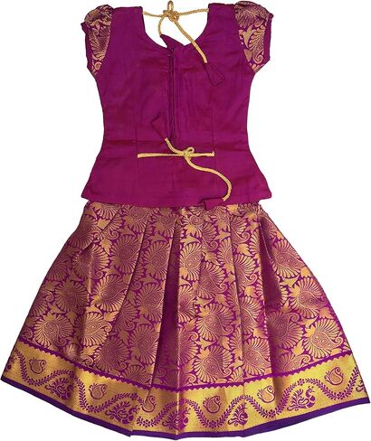 Ashwini Girl's Purple Color Pattu Pavadai | Indian Kid's Ethnic Wear in Kuwait