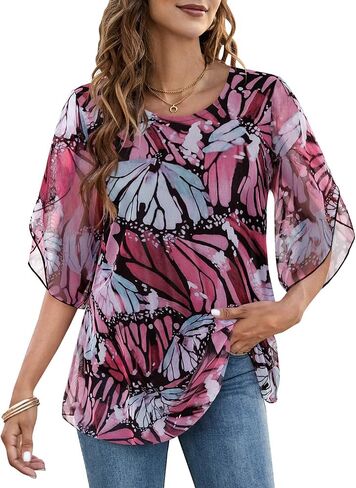 بلايز نسائية مكشكشة بأكمام 3/4 من Cestyle وبلوزات شبكية وقمصان واسعة وتونيك كاجوال in Kuwait