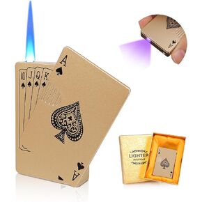 Jet Torch Ace Lighter, Gold Playing Cards Cool Design, UV Cash Detection Lamp, Gorgeous Box for Gifts, Butane Refillable Lighter for Outdoors, Portable Windproof Lighters for Smoking, Candles, BBQ