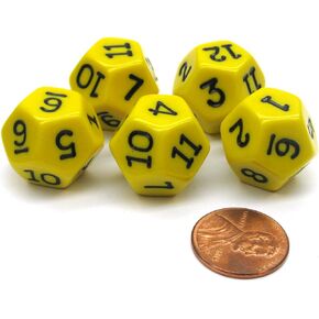 Koplow Games Set of 5 D12 12-Sided 18mm Opaque RPG Dice - Yellow with Black Numbers