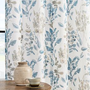 Sheer Curtains 84 Inch Length 2 Panels Set Floral Curtains Light Filtering Semi Sheer Curtains Rod Pocket Farmhouse Curtains for Living Room Patterned Grey Curtains for Bedroom