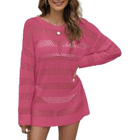 Women Swimsuit Crochet Swim Cover Up Hollow Out Oversized Long Sleeve Mesh Shirt Top 2024 Summer Beach Outfits