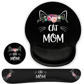 Ergonomic Mouse Pad Wrist Support Gel and Keyboard Wrist Rest Set for Laptop, Mac, Gaming and Office, Durable, Comfortable and Pain Relief + Coaster, Cat Mom Floral Design