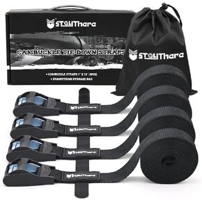 Stay There 1" x 12 Ft Cambuckle (4pk) Tie Down Strap Lashing Strap with Rubber Padded Cam Lock Buckle -1100 lbs Break Strength– Tie Down Fragile and Lighter Loads for Transport