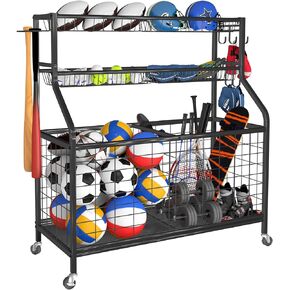 رف تخزين الكرات للمعدات الرياضية، منظم جراج، 45 بوصة ارتفاع، منظمات تخزين الألعاب، حامل كرة السلة مع سلال للاستخدام الداخلي والخارجي in Kuwait