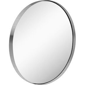 28-Inch Circle Mirror Brushed Nickel Silver Wall Mounted Round Mirror, Glass Panel Circle Deep Set Design Stainless Steel Framed Mirror for Bathroom, Entryways, Living Rooms