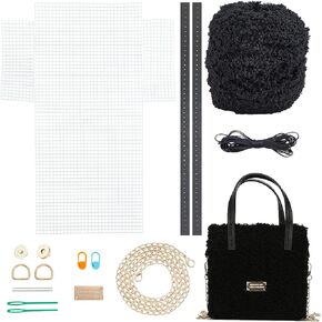 WADORN 18pcs DIY Knitting Crochet Bags Kit, Hand-Knit Woven Bag Making Tool Cross Stitch Mesh Plastic Canvas Sheets Set Handmade Bag Purse Needlepoint Kit Crossbody Bag Crafting Material, Black