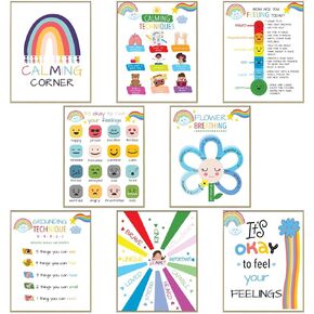 Calming Corner Classroom Posters – Set of 8 Educational Posters with Feelings Chart, Zones of Regulation, Calm Down Corner Kit Prints for Modern and Boho Classroom Decor | Mental Health Posters UNFRAMED, 11 x 14 Inches (Colorful)