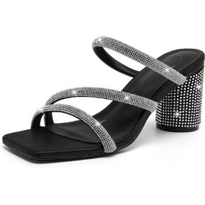 DADAWEN Women's Rhinestone Heeled Sandals Square Toe Strappy Chunky Block Heels for Women Comfortable Wedding Party Dress Pumps Shoes