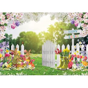 SJOLOON Easter Photo Backdrop Spring Flowers Grass Backdrop Colored Egg Rabbit Backdrop for Easter Party Decoration Baby Shower 12512 (7x5FT)