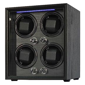 Oryx 4 Watch Winder for Automatic Watches, Wooden Rotating Watch Case 5 Rotation Modes Setting Display Box with LED Light, Battery Operated or USB Powered Super Quiet Mabuchi Motor